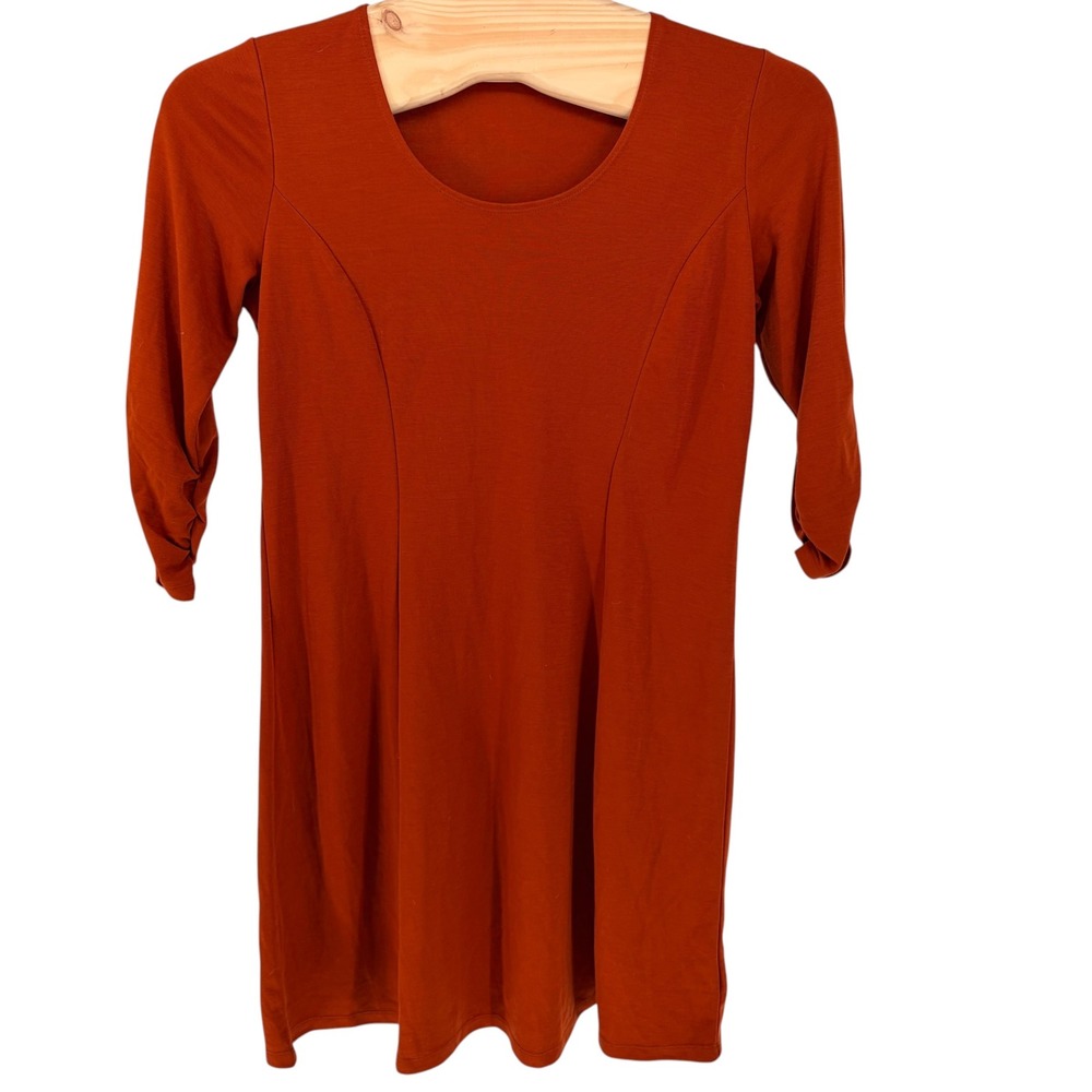Susan Graver Tunic Dress Large Rust Orange 3/4 Ruched Sleeve Scoop Neck A-Line